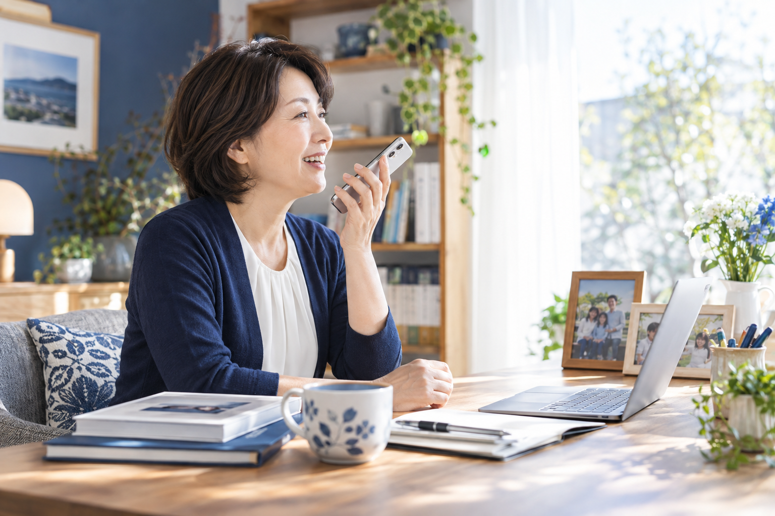 スマートフォンに向かって思い出を話すお客様のイメージ