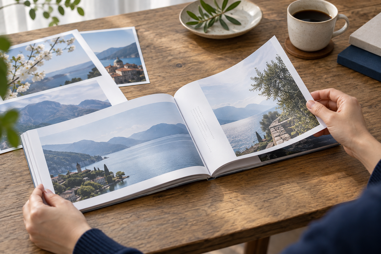 写真と文章を配置した試作本を手に取り確認するイメージ
