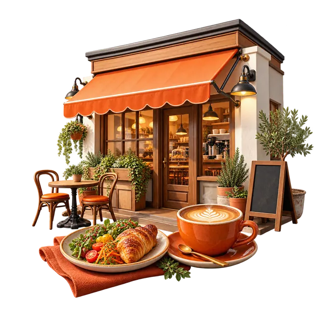 オレンジ色の飲食店とメニューの立体イメージ